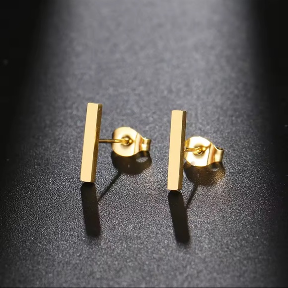 GOLD MINIMALIST Bar Stud Stainless Steel Earrings With Gift Bag - Picture 2 of 8